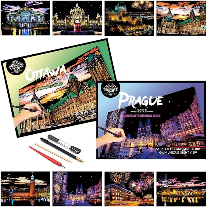 Scratch Art for Adults (8 Sheets A4),Family Creative DIY Painting Papers for Travel Lovers,Craft Lovers|Creative Scratch Art Adult (Prague/Ottawa) by Iskueal