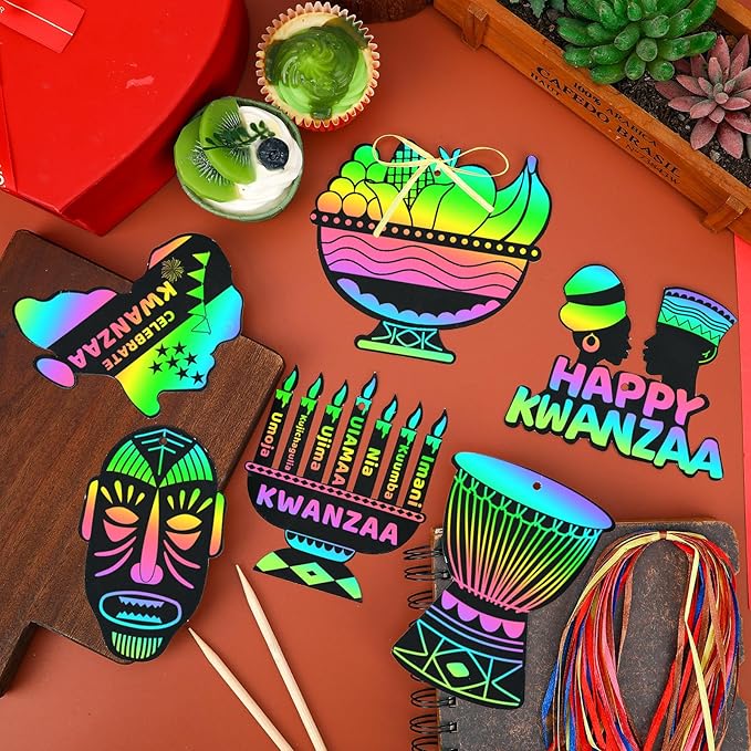 JULMELON 36 PCS Kwanzaa Crafts for Kids, Kwanzaa Magic Rainbow Scratch Art Paper Cards Kwanzaa Gifts for Students School Classroom Activities DIY Crafts Party Favors