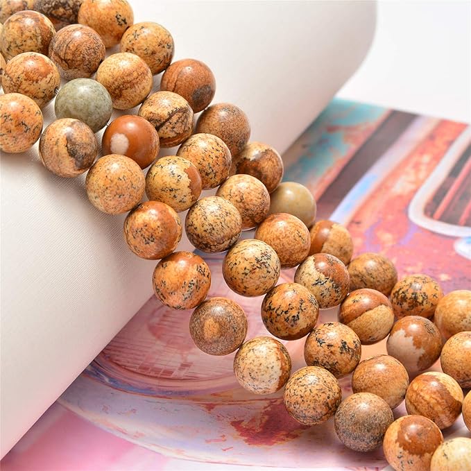 NCB Natural Stone Beads Yellow Picture Jasper Round Loose Gemstone DIY Charm Smooth Beads for Bracelet Necklace Earrings Jewelry Making Accessories Supplier (Yellow Picture Jasper, 8mm 200Beads)