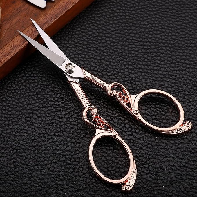 Embroidery Scissors, Small Precision Sewing Scissor Sharp Pointed Tip Detail Shears for Craft Art Needlework Threading Cutting, 4.5in Rose Gold Vintage Style