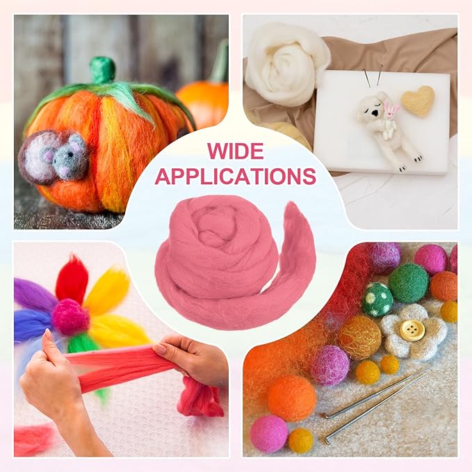 MECCANIXITY Wool Roving Yarn Soft Felting Wool 50g/1.76oz Pure Chunky Roving Yarn for Needle Felting Knitting Blanket Spinning Weaving Art DIY Craft Light Peach