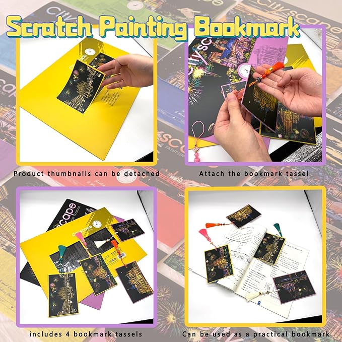 Scratch Art for Adults-Scratch Painting Craft Kit (4 Sheets 16x11 in)|Foil Engraving Art Set|Stress Relief Gift for Travel Lovers,Craft Lovers|Creative Scratch Art Home Decor(City Scape 4)