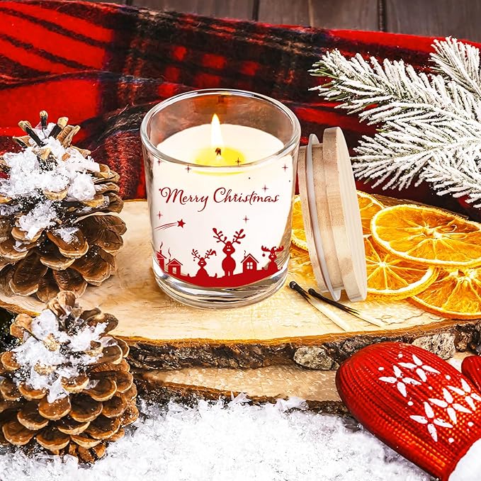 Ziliny 10 Pcs Christmas Glass Candle Jars Empty Containers Bulk 7 oz Glass Jars with Cork Lids Tins for Candle Making Storing Biscuits Tea Party Favors(Christmas)