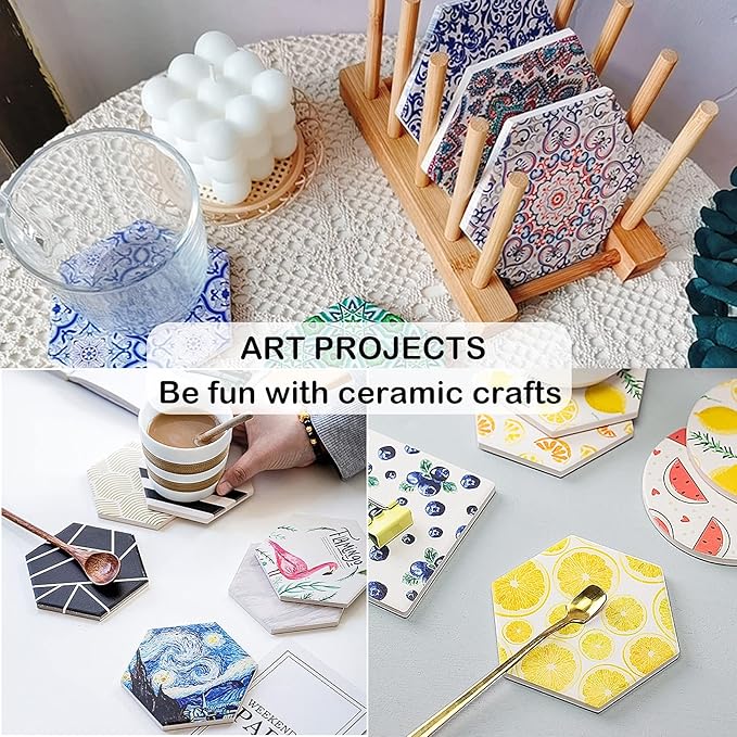 24 Pack Ceramic Tiles for Crafts with 2 Holders, White Unglazed Blank Ceramic Coasters with Self-Adhesive Cork Backing Pads for Acrylic Pouring, Painting, Make Your Own DIY Coasters (Hexagon)