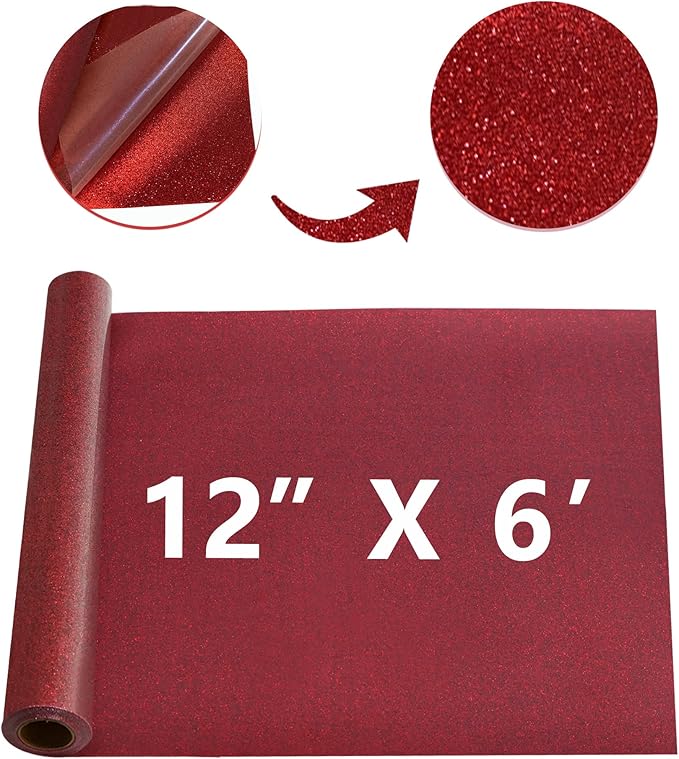 Red Glitter HTV Heat Transfer Vinyl Rolls 12inch by 6feet PU Stretch Iron on Vinyl HTV Vinyl for T-Shirt for Silhouette and Cameo (6Ft, Z1-Glitter Red)