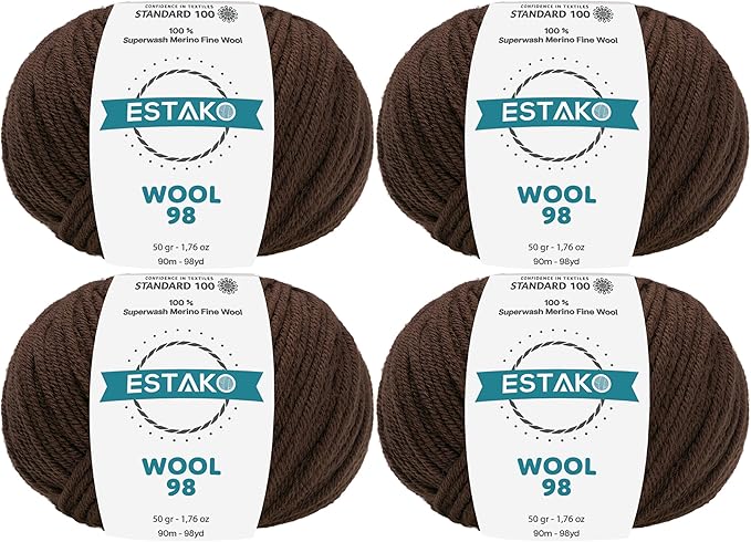 Estako Wool 98 (4- Skeins Pack) 100% Superwash Merino Wool Medium Worsted Weight Soft Knitting and Crochet Yarn (4 x 1.76 oz) (4 x 98 yds) (6362-Brown)