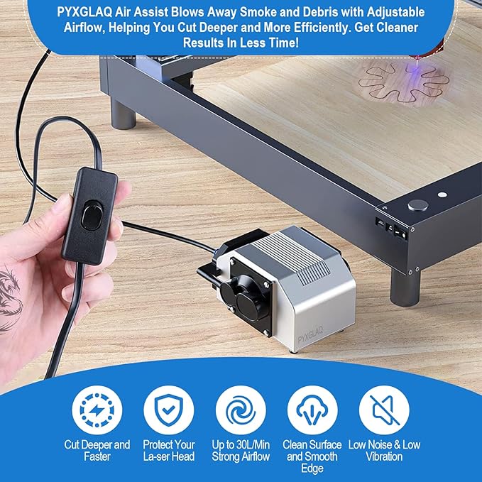 Air Assist for La-ser Cutter and Engraver, Air Assist Pump for La-ser Cutter, Stable 30L/min Airflow, for D1,D1 Pro La-ser Engraver and Other Cutter, Remove Smoke, Dust, Protect La-ser Lens.