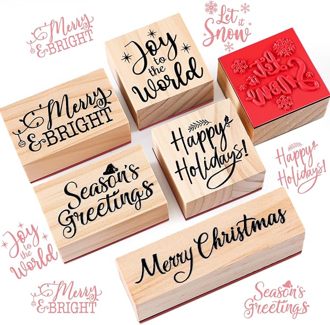 Watersay 6 Pcs Christmas Rubber Stamp Set Merry Christmas Wooden Rubber Stamp Snow Tree Stamps Vintage Wooden Rubber Art Stamps for Crafting and DIY Scrapbooking Card Making Hand Book(Word)