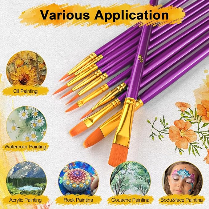 Acrylic Paint Brushes Set, 50Pcs Round Pointed Tip Artist Paintbrushes for Acrylic Painting Oil Watercolor Canvas Boards Rock Body Face Nail Art, Halloween Pumpkin Ceramic Crafts Supplies，Purple