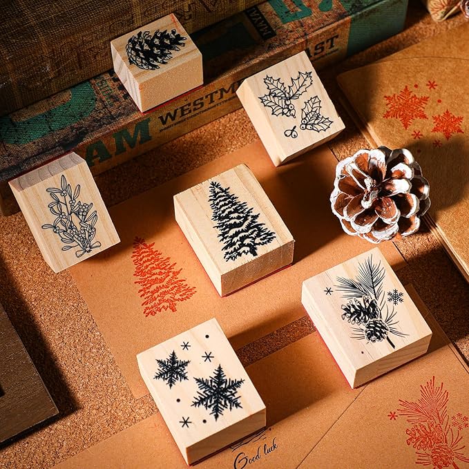 Watersay 6 Pcs Christmas Rubber Stamp Set Merry Christmas Wooden Rubber Stamp Snow Tree Stamps Vintage Wooden Rubber Art Stamps for Crafting and DIY Scrapbooking Card Making Hand Book(Pattern)