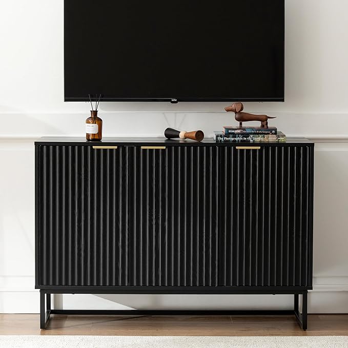 Fluted Storage Cabinet with 3 Doors, Sideboard Buffet Cabinets with Adjustable Shelves, Multifunctional Console Table with Storage Credenza for Living Room, Hallway, Black