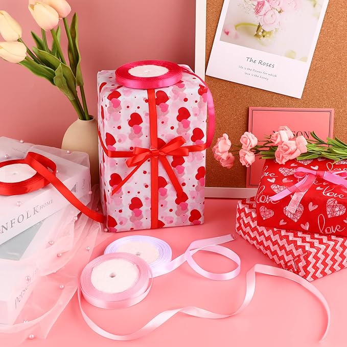 DECYOOL 4 Rolls 100 Yards Valentine’s Day Ribbons for Gift Wrapping, 10mm Wide Valentines Satin Ribbon for Valentine's Day Wedding Holiday Craft Projects