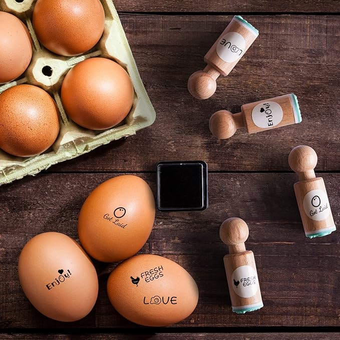 Egg Stamp, 4 Pcs, Egg Stamps for Fresh Eggs, Egg Stamper, 4 Unique Designs with Ink Pad Included, Egg Stamps for Fresh Eggs Personalized, Chicken Egg Stamp, Ideal for Egg Famers and Chicken Owners