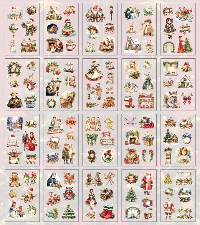 Vintage Christmas Scrapbook Stickers for Scrapbooking Supplies, 20 Sheets Precut PET Sticker Book for Journaling, Junk Journals, Collage, Card Making, Bujo, Crafts Arts