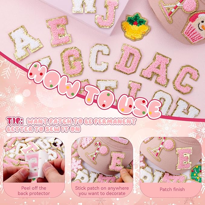 72 Pcs Pink Christmas Patches Chenille Christmas Letter Patches Self Adhesive Embroidered,Include 52 A-Z Letters Stick on Patch,20 Winter Cute Snowman Wreath Snowflake Stickers for Backpacks