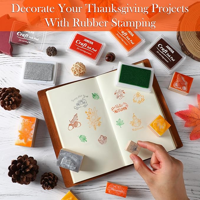 Woanger 15 Pcs Fall Wooden Rubber Stamps and Craft Ink Pads Wooden Rubber Stamp for Scrapbooking and DIY Craft Card Stamps Pads Paper Wood Fabric Fall Holiday