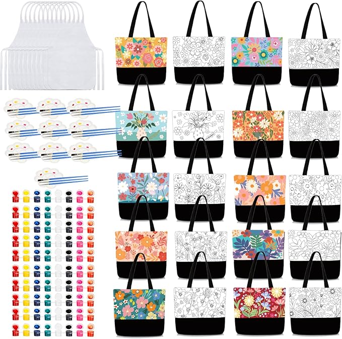 10 Set Pre Drawn Canvas Bags for Women DIY Tote Bags Paint Kit with Paintbrushes, Paints, Apron, Palette for DIY Party