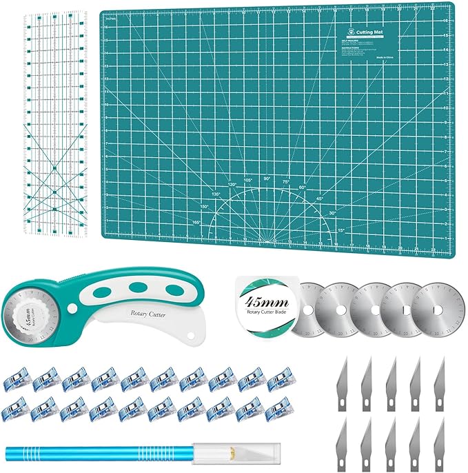 Rotary Cutter Set - Quilting Kit incl. 45mm Fabric Cutter, 5 Replacement Blades, A2 Cutting Mat, Acrylic Quilting Ruler and Sewing Clips, Craft Knife Set, Ideal for Crafting, Sewing, Patchworking