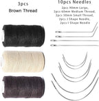 Ryalan Weaving Needle Combo Deal 3 Thread with Needle for Making Wig Sewing Hair Weft Hair Weave Big Medium and Small C Shape Curved Needle with J I Needle (10 Needle, 3 Thread Black, Brown, Blonde)