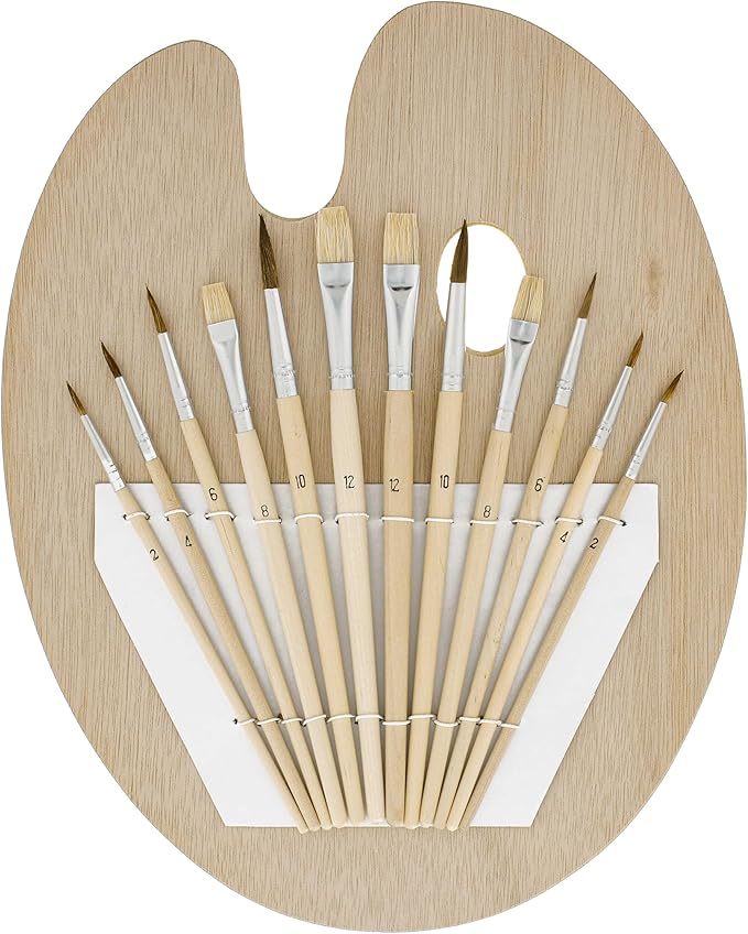 U.S. Art Supply 12-Piece Artist Paint Brush Set with 9" x 12" Wood Painting Palette - 12 Premium Round & Flat Bristle Paintbrushes - Fun Kids, Adults, Students, School Teachers, Beginners, Starter Kit