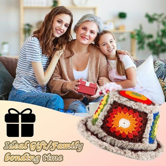 Noocro Crochet Kit for Beginners or Intermediate Level, Fuzzy Granny Square Bucket Hat, Step by Step Video Tutorial, Detailed Instruction Complete Kit Craft Supplies Holiday Gift