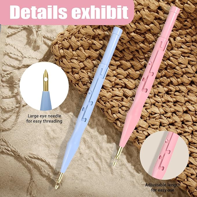 7 Pieces Punch Needle Tool, Portable Adjustable Embroidery Punch Needle for Stitching Applique Embellishment DIY Knitting (Blue, Pink)