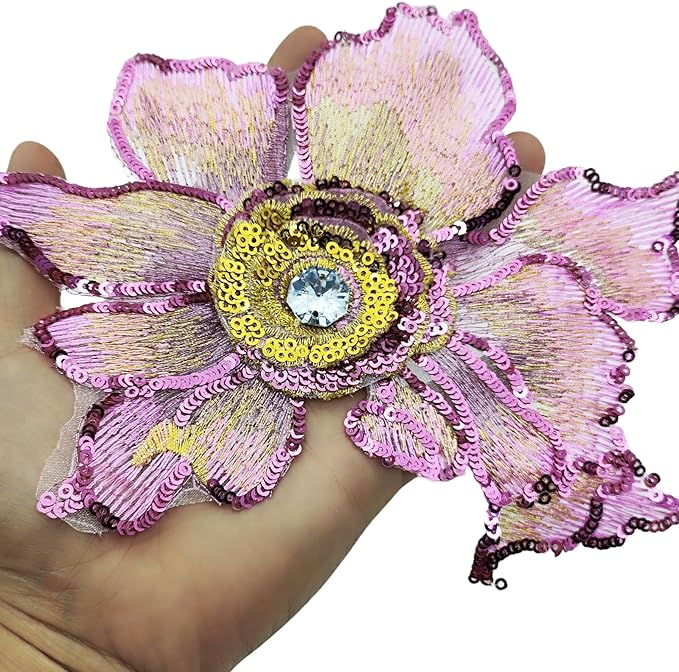 2 PC 3D Pink Sequin Lace Trim Rhinestones Applique Patches for Wedding Bridal Dress Decoration DIY Sewing Clothing Decoration, 7 x 5.9 Inch