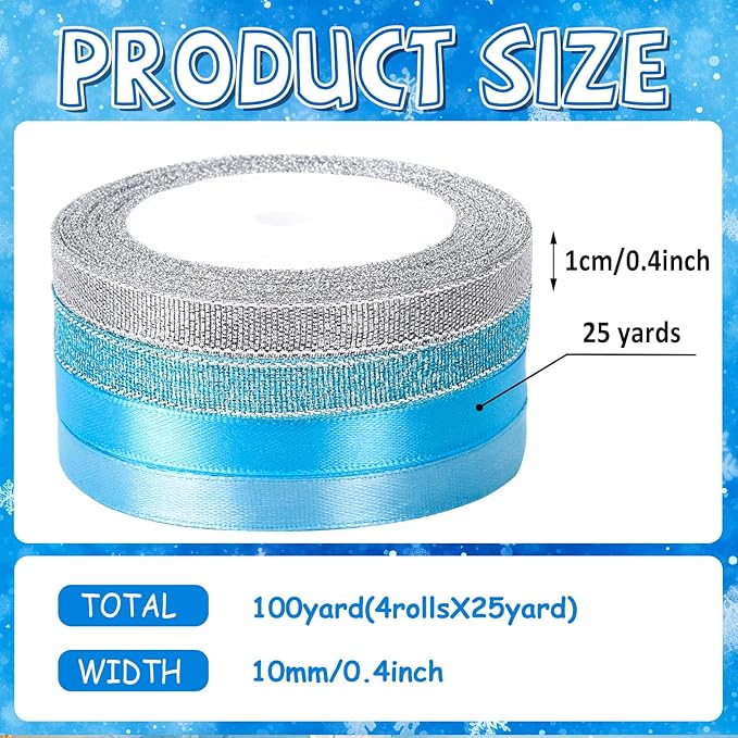 DECYOOL Winter Ribbons, 4 Rolls 100 Yards Christmas Satin Ribbons for Gift Wrapping, 10mm Wide Xmas Winter Holiday Craft Ribbon for DIY Crafts and Christmas Tree Wreaths Decoration (Blue, Silver)