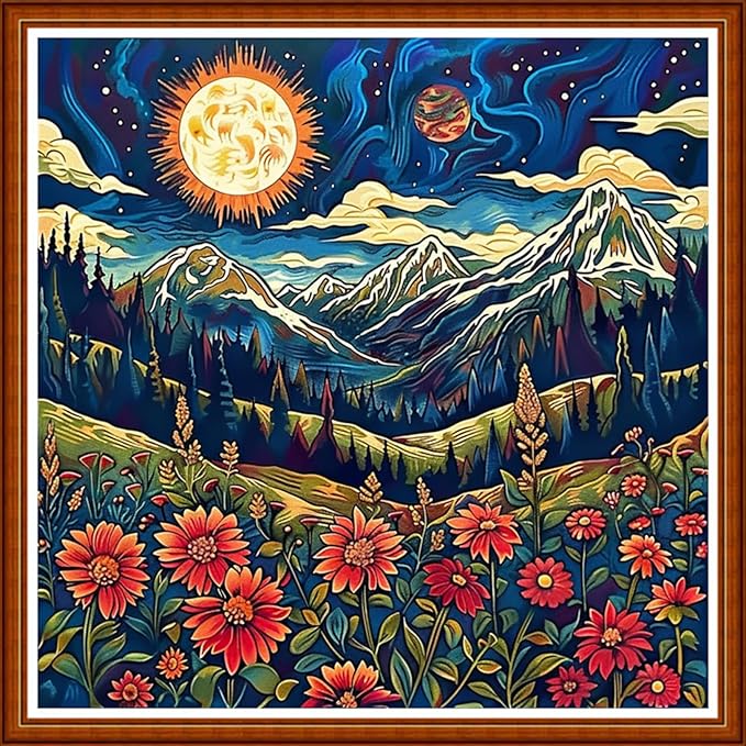 Funart Stamped Cross Stitch Kits for Beginners Full Range of Cross Stitching Preprinted Embroidery Kits for Adults, 11CT Embroidery Pattern Needlepoint Kits-Outdoor Scenery 18x18 inch