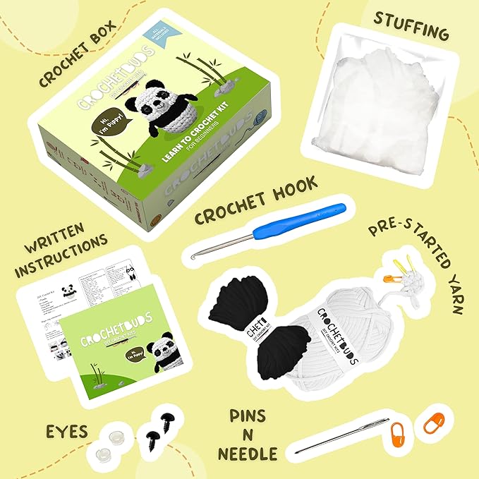 Panda Crochet Kit | For Beginners, Couples, Date Night, Kids, Adults, Anime, & Animal Lovers | DIY Gift Kit | Instructions, Yarn, Hook, Pattern, Video & Written Tutorial | Arts & Crafts For Adults