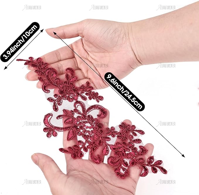 AUEAR, 2 Pack Wine Red Flower Lace Patches Embroidered Applique Patch for Dress Clothes
