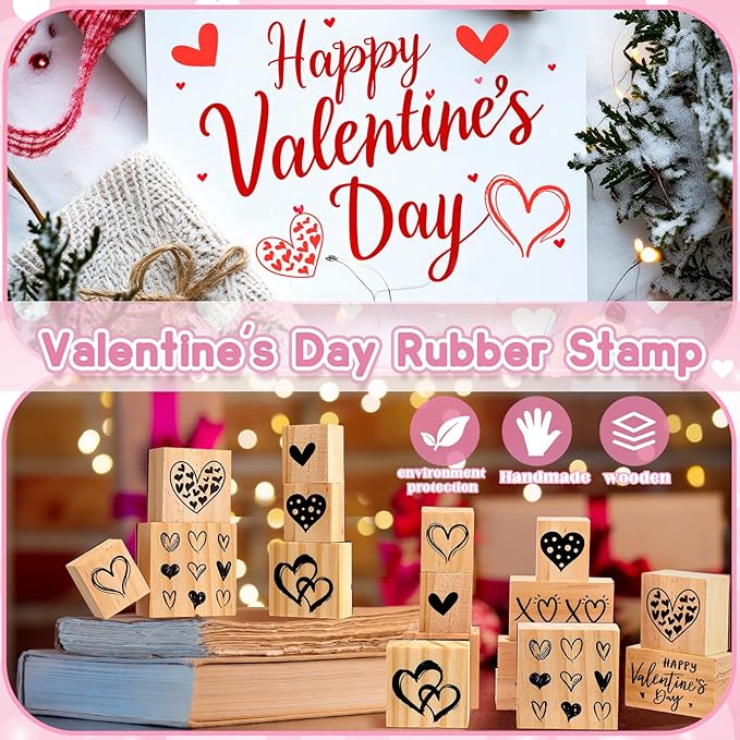 Watersay 6 Pcs Valentine Rubber Stamp Set Happy Valentine Day Wooden Rubber Stamp Vintage Art Print for Crafting Love Heart Pattern and DIY Scrapbooking Card Making Hand Book (Patter)