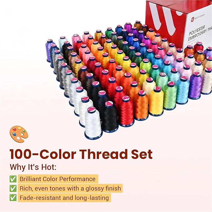 Richword Selected Embroidery Machine Thread 100 Colors 40WT (108D/2) Polyester Thread Kit Each Spool 4000M (4374Y) Suitable for Embroidery Machines