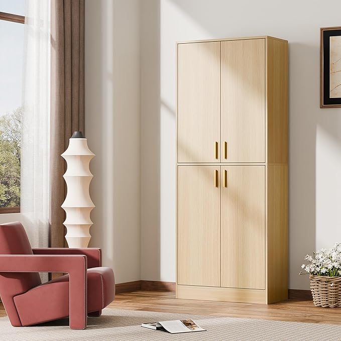 Cozy Castle Kitchen Pantry Cabinet, 71" Tall Wood Storage Cabinet with Doors and Shelves 4 Doors Freestanding Cupboard for Dining Room Living Room Bathroom Furniture, Oak