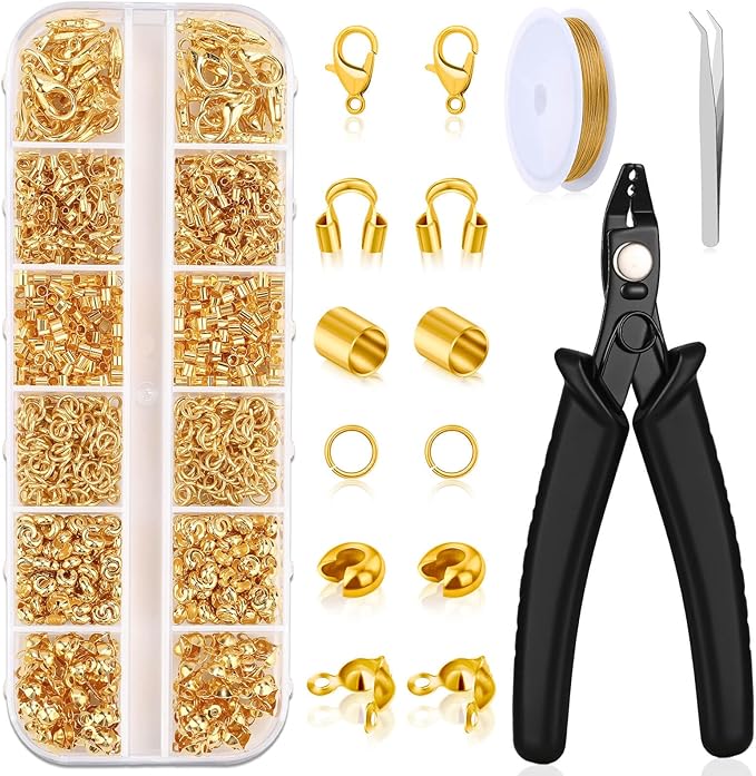 Acejoz 1200 Pcs Gold Crimp Beads Kit, Jewelry Making Supplies Include Crimp Covers, Crimp Tubes, Wire Guardians, Lobster Clasps, Jump Rings, Pliers and Beading Wire for Jewelry Making
