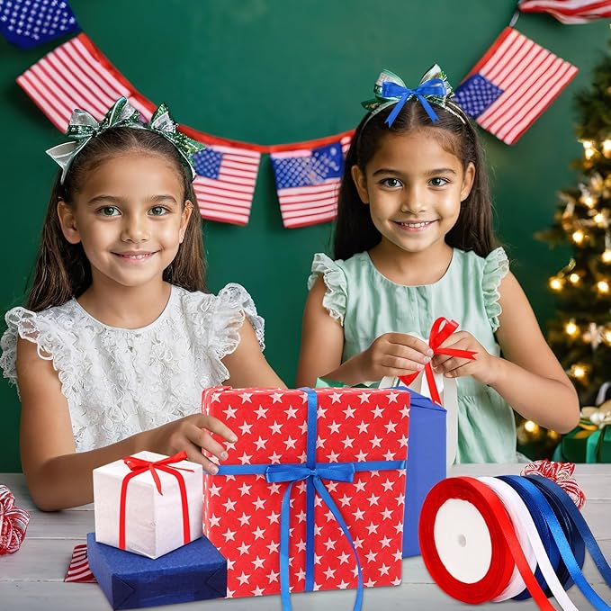 DECYOOL Patriotic Ribbons, 4 Rolls 100 Yards 4th of July Satin Ribbons 10mm Wide Red White Blue Independence Day Craft Ribbon for Gift Wrapping Patriotic Party Decorations