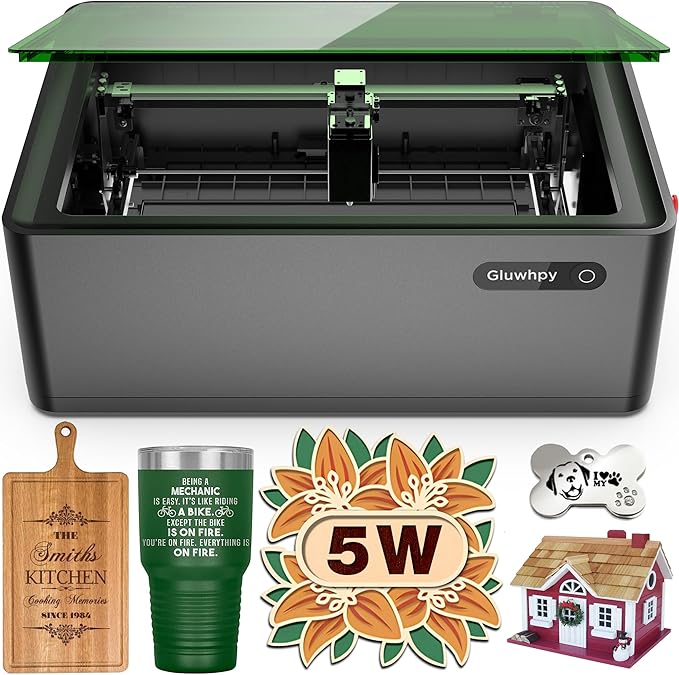 Gluwphy Laser Engraver Machine 5000mW(5W) Enclosed Diode Laser Cutter for Beginner, Class 1 Safety Laser Engraving Machine for Wood, Metal,Black