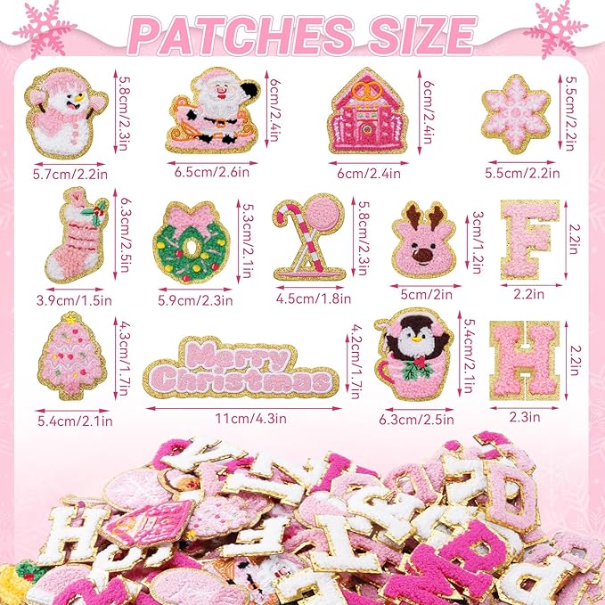 154 Pcs Pink Christmas Patches Chenille Christmas Letter Patches Self Adhesive Embroidered,Include 104 A-Z Letters Patch Stickers,50 Winter Snowflake Snowman Wreath Stick on Patch for Backpacks