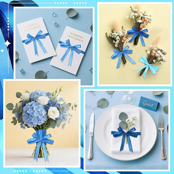 DECYOOL 4 Rolls 100 Yards Blue Satin Ribbons for Gift Wrapping, 10mm Wide Assorted Shades of Blue Thin Ribbon for DIY Crafts Wedding Decor, Baby Shower