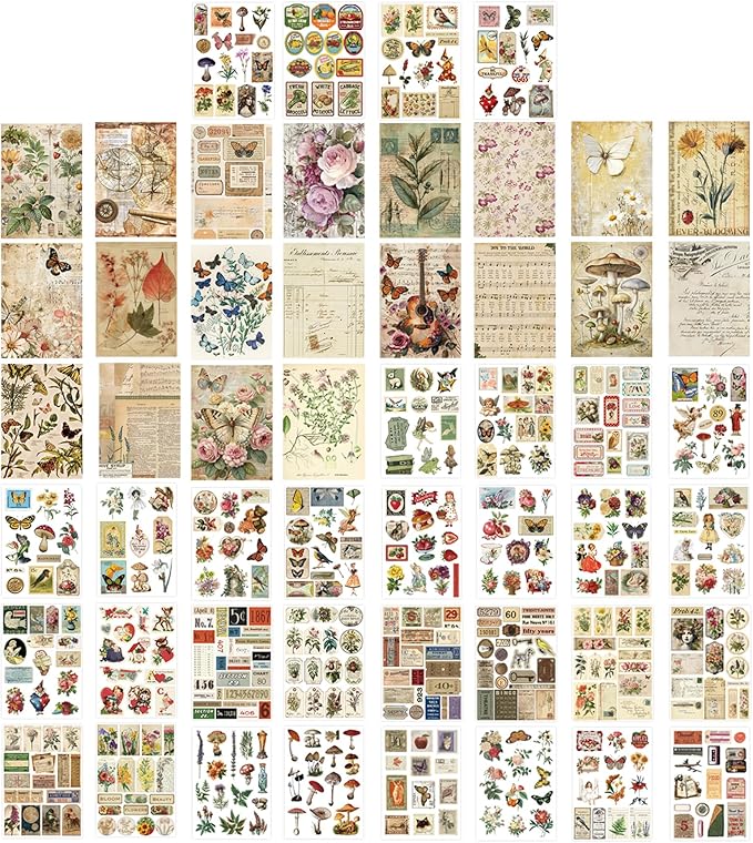 32 Sheets Pre-Cut Vintage Washi Stickers & 20 Scrapbook Papers Ephemera - Retro Angel Sunflower Designs for Junk Journals Scrapbooking