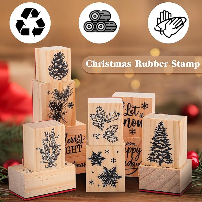 Watersay 6 Pcs Christmas Rubber Stamp Set Merry Christmas Wooden Rubber Stamp Snow Tree Stamps Vintage Wooden Rubber Art Stamps for Crafting and DIY Scrapbooking Card Making Hand Book(Pattern)