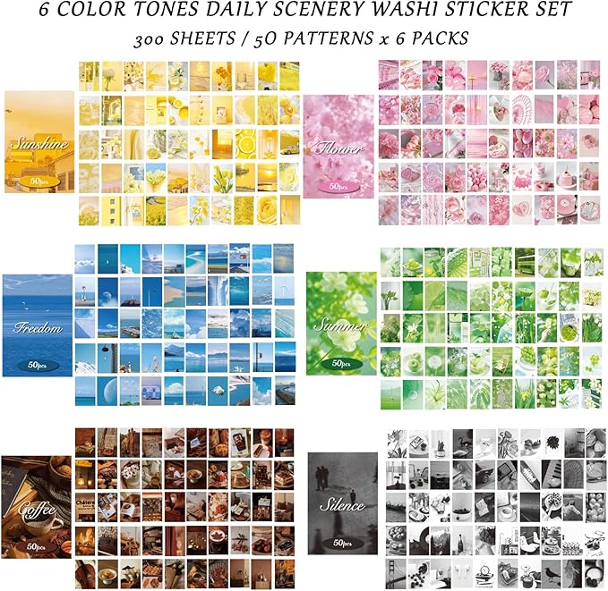 Washi Stickers, 6 Sets 300 Pcs Aesthetic Sticker Book for DIY Journaling, Journaling Supplies for Bullet Journal Art Diary Card Craft Gifts Planner Notebook