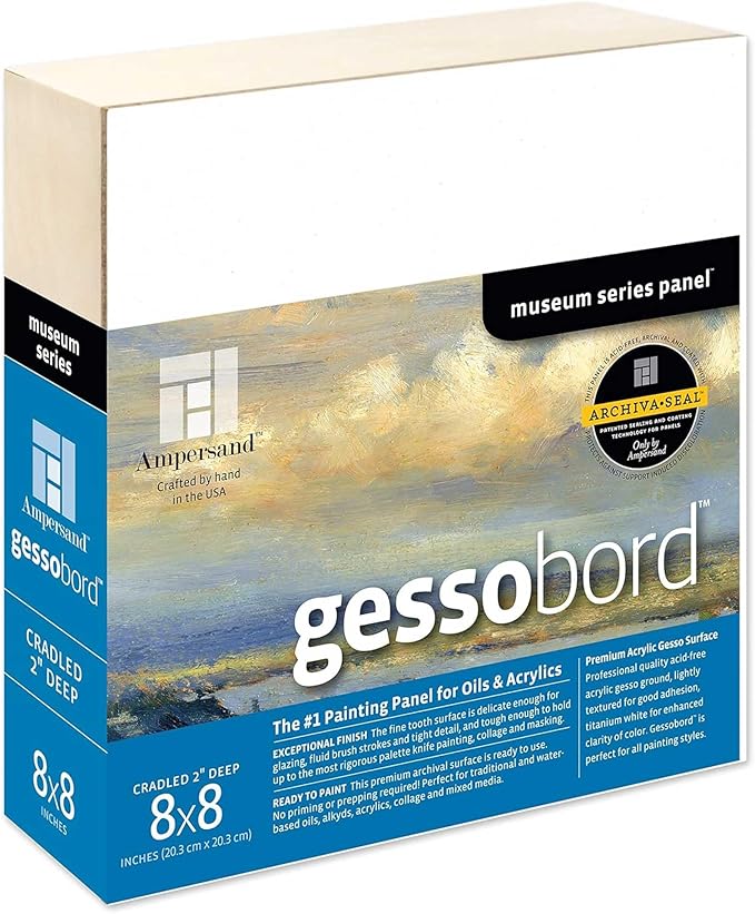 Ampersand Art Supply Gesso Wood Painting Panel: Museum Series Gessobord, 8" x 8", 2" Cradled Profile