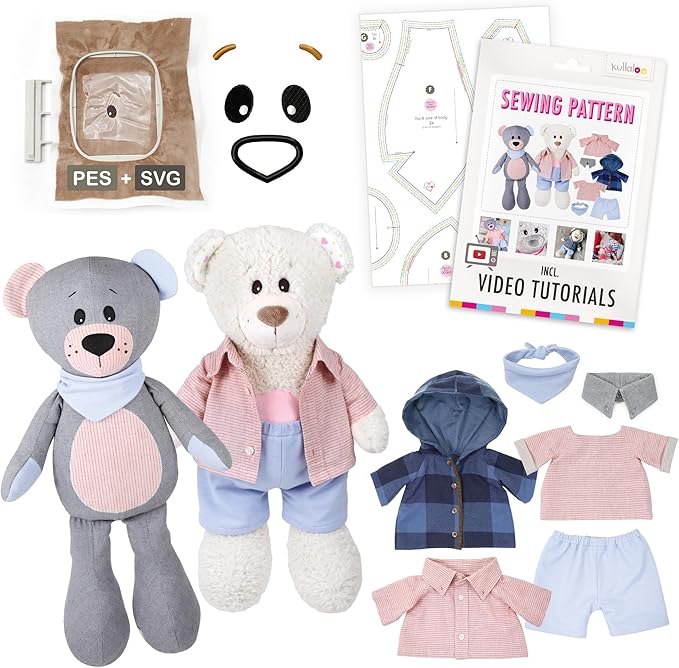 kullaloo Memory Bear Sewing Pattern – Stuffed Teddy Bear Plush Toy with Removable Collar, Shirt & Jacket | Memorial Bear Template with QR Video Tutorials, PES & SVG Files | Designed in Canada