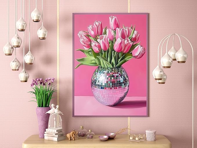 Pink Tulips Diamond Art Kits for Adults, Diamond Painting Kits for Adults for Beginners, DIY Pink Flowers Diamond Dots Art Kits, 5D Full Round Drill Gem Art Painting Kits for Home Decor, 12x16 inch