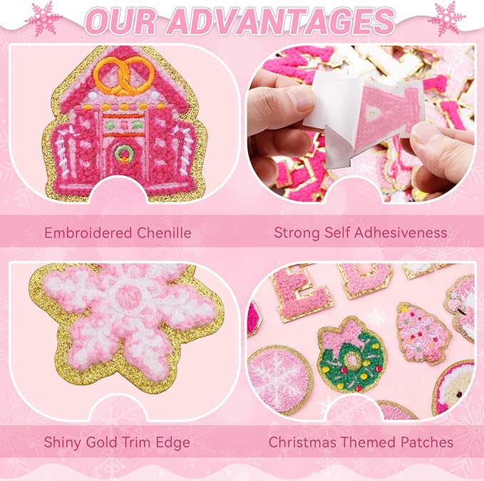 154 Pcs Pink Christmas Patches Chenille Christmas Letter Patches Self Adhesive Embroidered,Include 104 A-Z Letters Patch Stickers,50 Winter Snowflake Snowman Wreath Stick on Patch for Backpacks