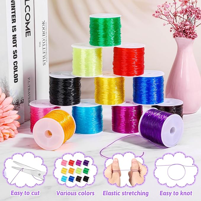 PAXCOO 12 Rolls Elastic Crystal Tec String for Bracelets, 0.8 MM Stretch Bead String Cord Jewelry Thread for Bracelets, Necklaces, Clay Beads, Pony Beads (Multiple Colors)
