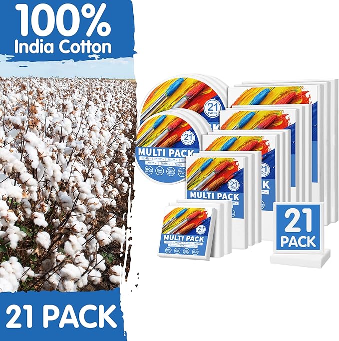 FIXSMITH 21 Pack Stretched Canvases, Multi Pack - 4x4, 5x7, 8x10, 9x12, 11x14, Round Canvas 12x12, 8x8 (3 of Each), 100% Cotton, Primed Canvases for Acrylic, Oil, Wet or Dry Art Media