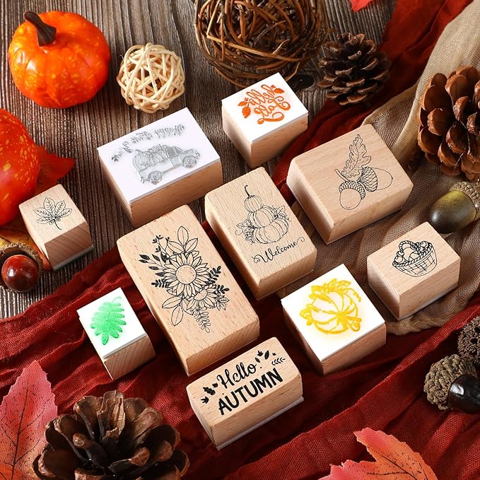 Woanger 15 Pcs Fall Wooden Rubber Stamps and Craft Ink Pads Wooden Rubber Stamp for Scrapbooking and DIY Craft Card Stamps Pads Paper Wood Fabric Fall Holiday