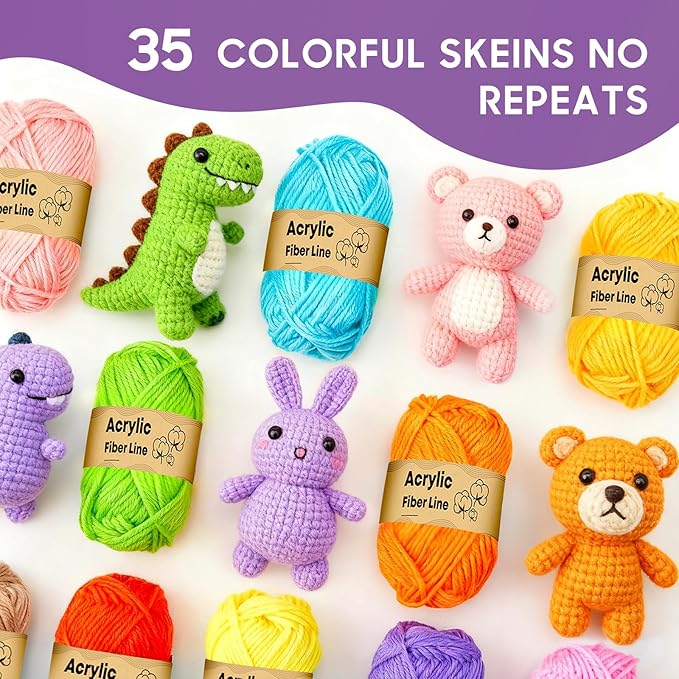 Crochet Kit, 1600 Yarns 35 Colors Acrylic Yarn Skeins, 53 PCS Crochet Hook Accessories and A Storage Bag, Yarn for Crocheting Suitable for Knitting, Knitting Kit Gift for Adult and Beginner, Purple